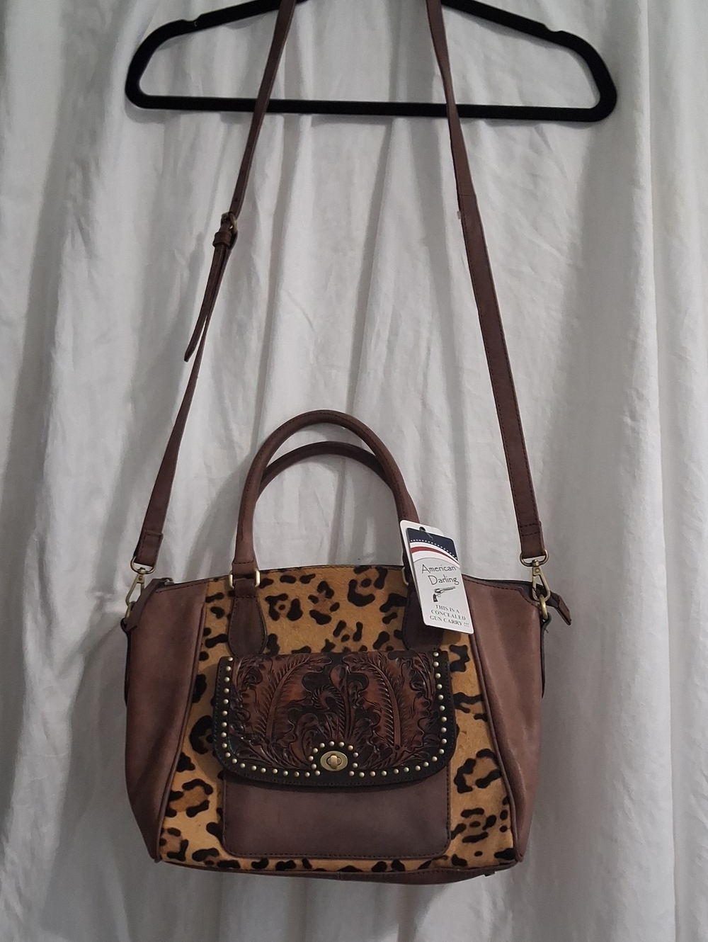 American Darling Brown Leopard-Print Satchel with Embossed Front Pocket